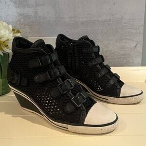 ASH Leather Mesh Wedge Buckles Zipper Edgy Sporty Gossip Sneakers Black 6 36